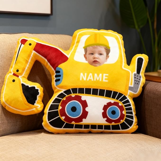 Custom Excavator Shaped Pillow with Kids Face and Name Personalized Construction Vehicle Pillow for Boys Customized Soft Plush Pillow for Room Decor Play Perfect Birthday for Kids