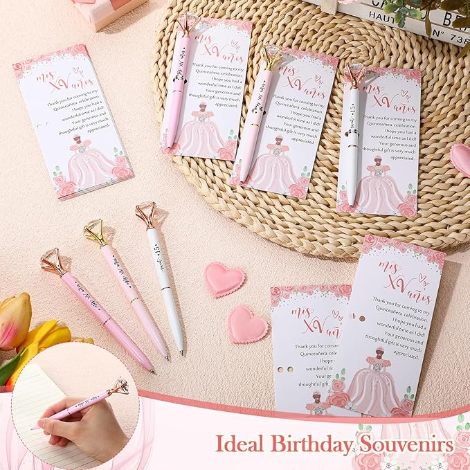 25 Sets Quinceanera Party Favors Sweet 15 Diamond Pens Fancy Ballpoint Pens with Crystal Birthday Party Thank You Cards and Ties Thank You Gifts for Guests Back School(White, Pink)