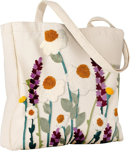 Miss Adola Aesthetic Embroidery Tote Bag for Women - Reusable Canvas Cute Shoulder Bag for Shopping, Grocery, Work, Book