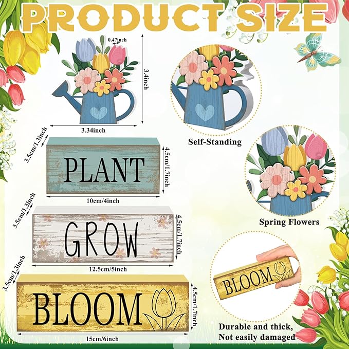 4 Pcs Spring Table Decorations Flower Wooden Signs Spring Tiered Tray Decor Wooden Flower Kettle Block Signs Pastel Table Centerpieces Decor for Home Kitchen Shelf