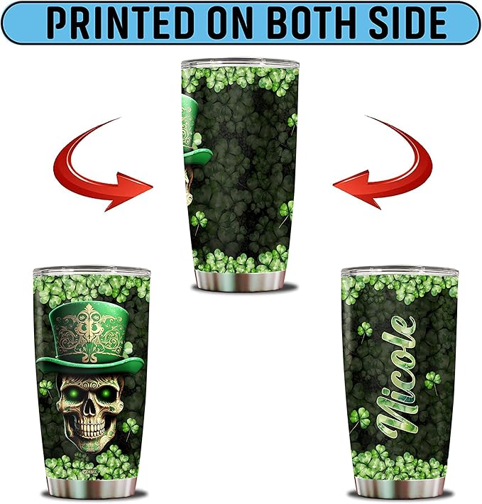 Personalized Skull Leprechaun Shamrock St Patricks Tumbler Coffee Cup Water Bottle Gift for Men Women Him Her 20oz Stainless Steel Insulated Travel Mug with Lid