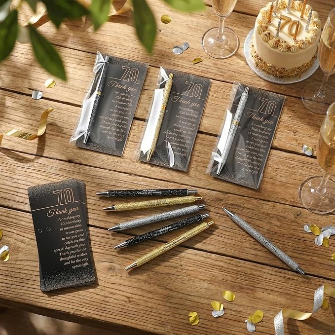 24 Set 70th Birthday Party Favor for Guests Anniversary Appreciation Gifts Birthday Glitter Ballpoint Pen and Thank You Cards for Women Men Years Party Favor Decoration Supplies
