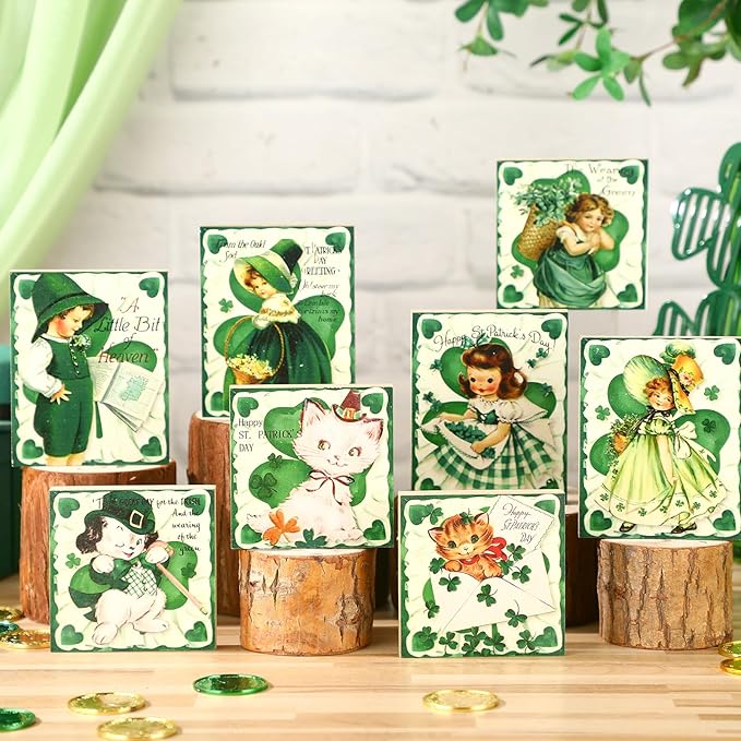 Wenqik 8 Pcs Vintage St. Patrick's Day Decorations Happy St Patrick Table Centerpieces Wooden Retro Table Ornaments St. Patrick's Day Tiered Tray Decor for Irish Home Tabletop Party Supplies, 8 Styles