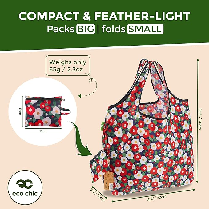 ECO CHIC Foldable Reusable Large Grocery Bags - Foldable Grocery Bags - Lightweight, Recycled & Reusable Shopping Bag - Waterproof, Packable Tote Fitting in Fine Grocery Bag Carrier