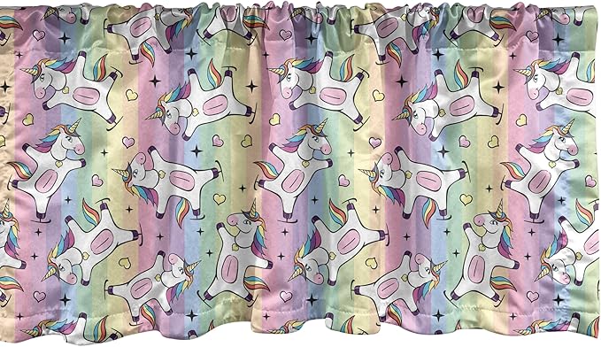 Ambesonne Rainbow Window Valance, Cartoon Drawing of Unicorn Ice Skating, Curtain Valance for Kitchen Bedroom Decor with Rod Pocket, 42" x 18", Pastel Purple