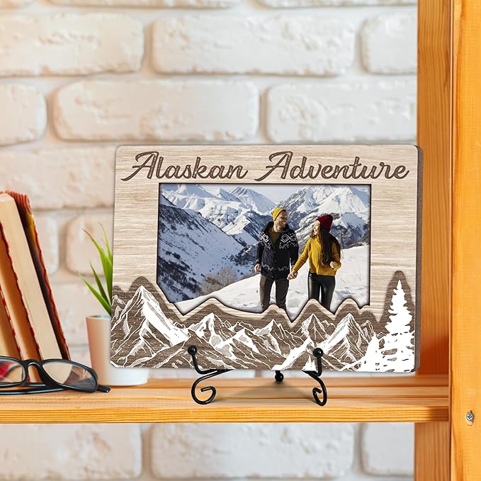 Alaska Adventure Photo Frame, Wooden Picture Frame with Stand, Alaska Vacation Friendship Gifts for Friends Family, 5 x 8 Picture Frame Gifts for Couple BFF, Home Office Desk Holiday Decorations-A01