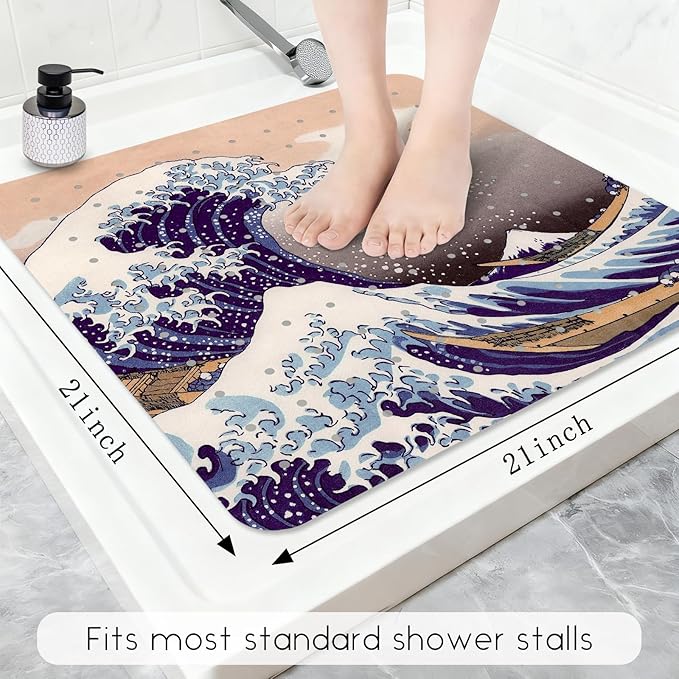 Bathtub Mat Non Slip, Japanese Wave Square Bath tub Mat Shower Floor Mat with Suction Cups for Adults Kids Elderly 21 X 21 Inch