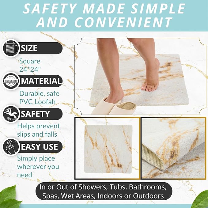 Enkosi Loofah Shower Mat Non Slip – Square Anti Slip Bath Mat for Inside Showers, Bathtub, Tub, Bathroom - Cushioned, Quick Dry PVC with Drain Holes - Secure Grip Safety Pad (Marble Gold 24x24)