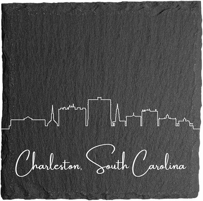 Blue Ridge Mountain Gifts - Charleston SC Skyline Coasters, Set of 4 - Charleston South Carolina Souvenir, Slate Coasters with Minimalist Skyline, Housewarming Gift for Friends, Family, & Neighbors