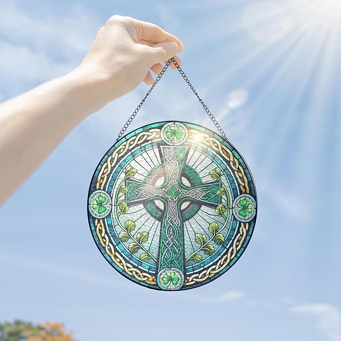 FLAGWIX Irish Gifts for Women Men - Stained Glass Hanging Suncatcher 10 in - Birthday Irish Decorations for Family Friends, Celtic Cross Spring Home Decor, St Patricks Day Decorations