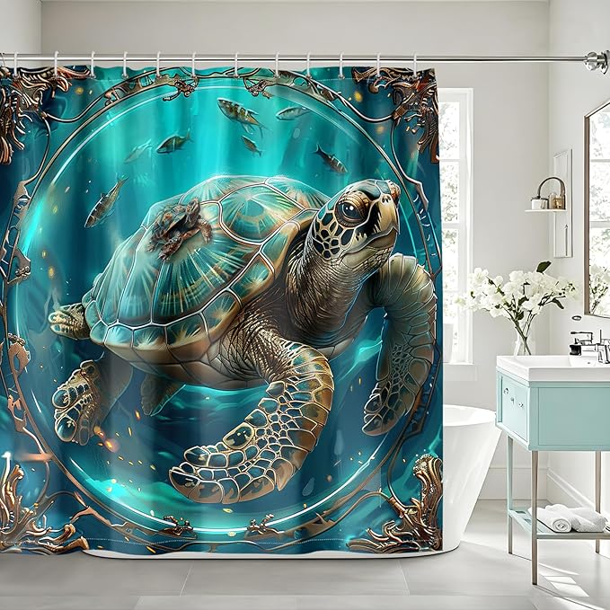 Sea Turtle Shower Curtains - 4 Pcs Kids Shower Curtain Set Ocean Themed Shower Curtain Turtle Shower Curtains for Bathroom Turtle Bathroom Accessories with Rug,and Bath Mat with 12 Hooks
