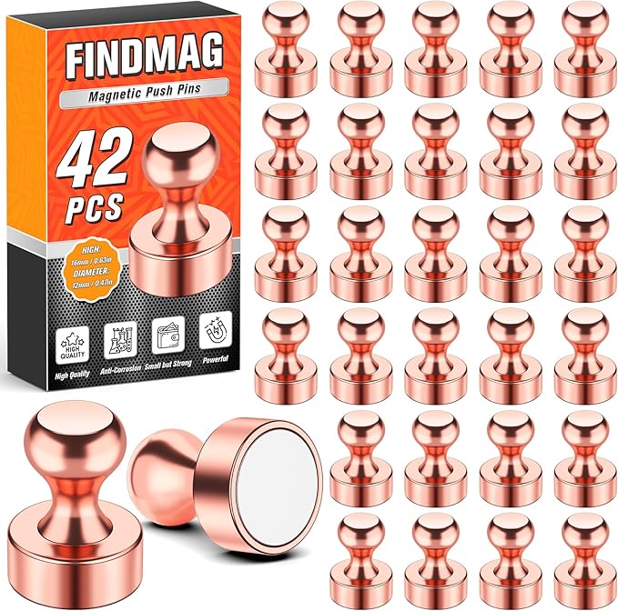 FINDMAG Fridge Magnets, Refrigerator Magnets for Whiteboard, Strong Rose Gold Magnetic Push Pins, Neodymium Locker Magnet for Office, Map, Classroom, Kitchen, Home Accessories, 42 Pack