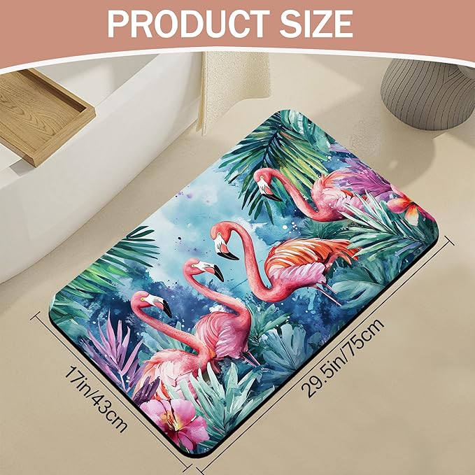 Bath Mat,Flamingo Tropical Bathroom Rugs,Quick-Drying Non-Slip Rubber Bath Mats Exotic Leaves Flower Absorbent Diatomaceous Earth Mat for Bathroom Home Decor 17"x29.5"