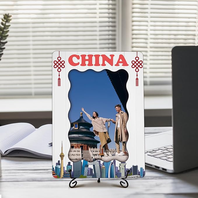 China Souvenir Gifts for Women Men, Travel Photo Frame Gifts for Family Friends, Honeymoon Present of Newlyweds Couples, Wooden Photo Frame with Stand, Home Office Desk Decor-C04