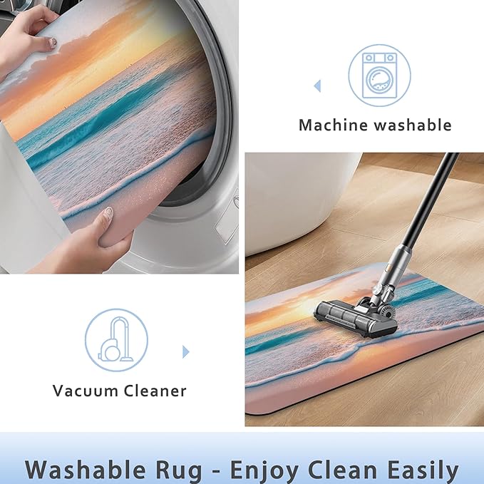 Sunset Beach Bathroom Mat, Non-Slip Rubber Backing Thin Low-Profile Bath Rug, Easy-Clean Bathroom Floor Mat for Shower, Bathtub, Kitchen, or Entryway