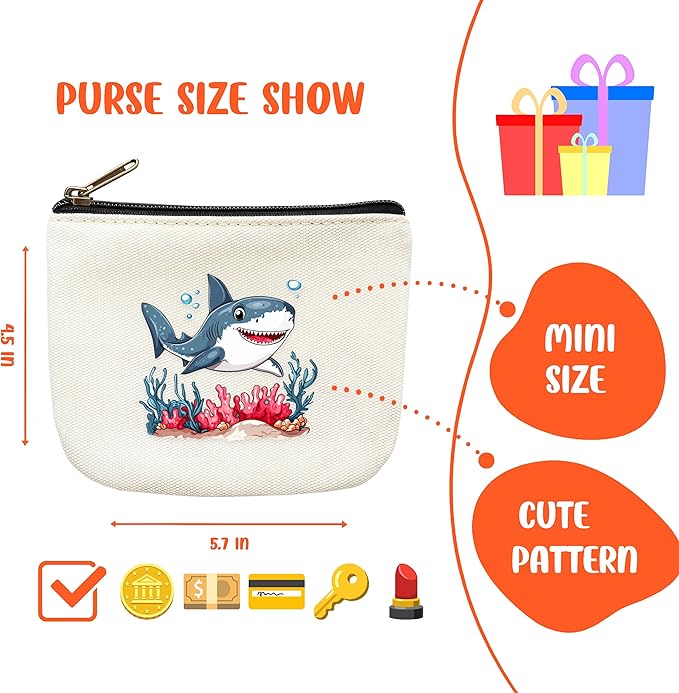 Shark Coin Purse Pouch Bag Holder for Teens Girls Women Kids, Animal Lovers Gifts Stuff Decor, Small Mini Purse Coin Card Key Headset Lipstick!