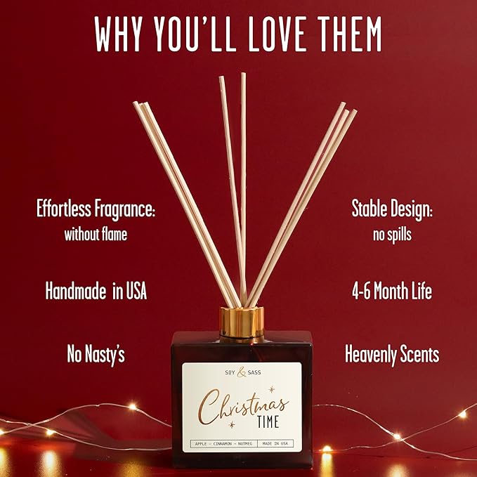 Christmas Diffuser, Christmas Reed Diffuser Decor - w/Apple, Cinnamon & Clove I Infused w/Essential Oils I 3.75 OZ Oil I Long-Lasting Scent Lasts 4-6 Month's I Made in The USA