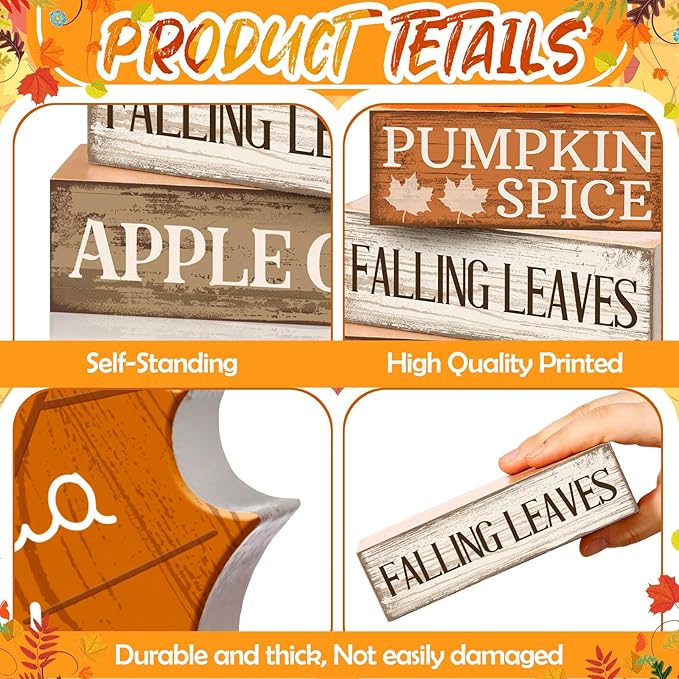 4 Pcs Fall Decor Wooden Maple Leaf Decoration Thanksgiving Tiered Tray Decor Rustic Wooden Maple Leaf Block Sign Thanksgiving Table Centerpiece Farmhouse for Autumn Harvest Party Home Kitchen