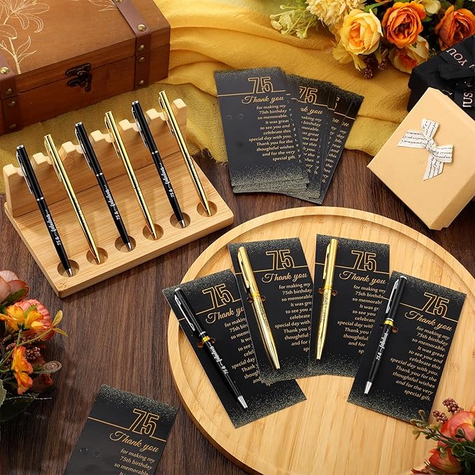 25 Sets 75th Birthday Themed Party Favors for Guests Including Birthday Ballpoint Pens and Black Gold Thank You Cards for Guests Anniversary Appreciation Gifts