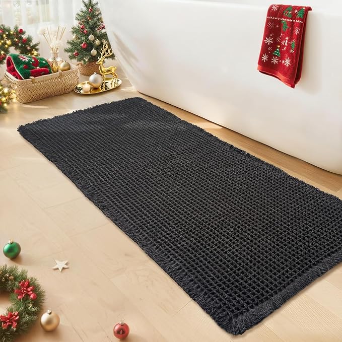 Black Bathroom Rug - Waffle Bath Mat Non Slip Washable, Super Absorbent & Quick Dry, Boho Bath Mat Farmhouse Bathroom Decor, 20'' x 48'', Black