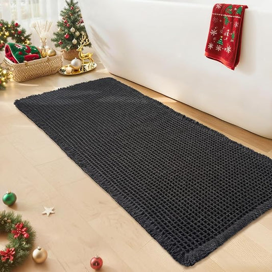 Black Bathroom Rug - Waffle Bath Mat Non Slip Washable, Super Absorbent & Quick Dry, Boho Bath Mat Farmhouse Bathroom Decor, 20'' x 48'', Black