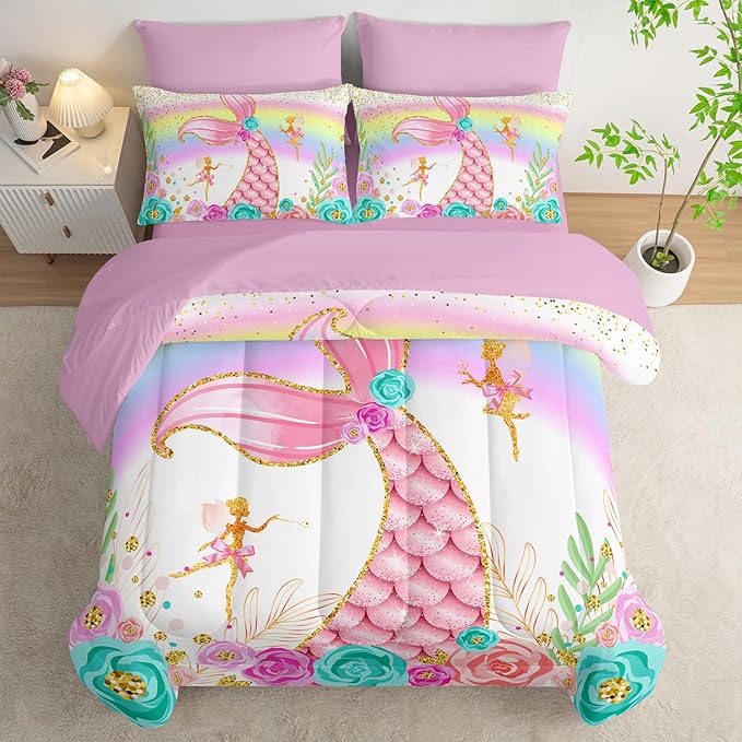 Mermaid Comforter Set Queen - 7 Piece Girls Bedding, Pink Teal Floral Bed Set, Soft Microfiber Comforter, Sheets, Pillowcases