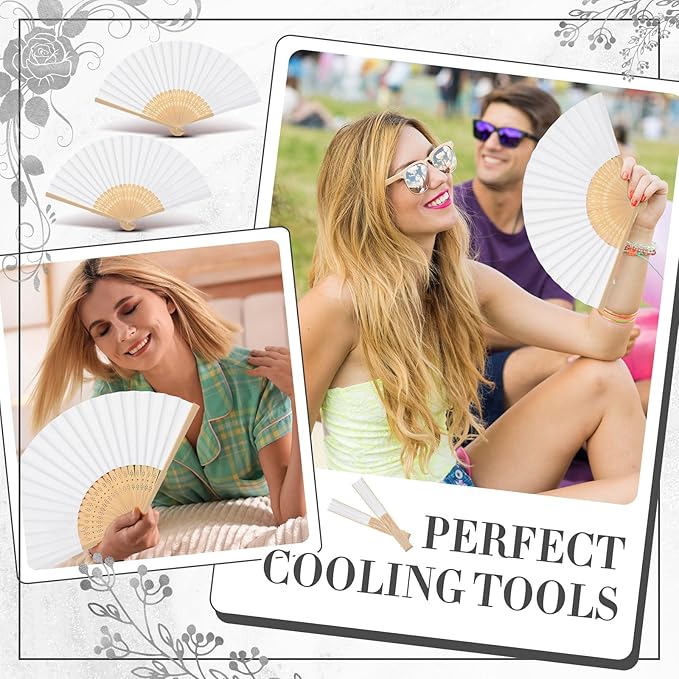 Yinkin 24 Pack Folding Fans Bamboo Handheld Folded Craft Hand Japanese Chinese Fans for Weddings Bridal Dancing Church DIY Decoration Women Gift Party Favors (White)