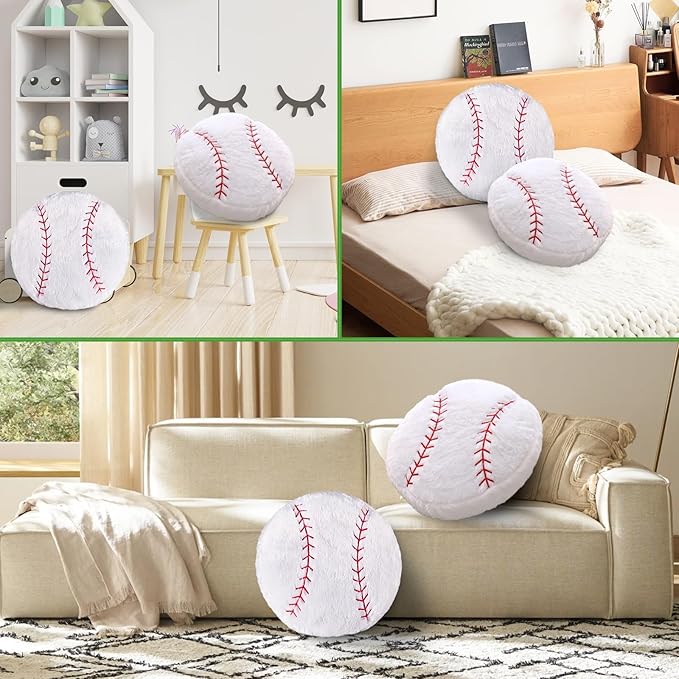 Baseball Pillow, 2 Pcs Baseball Plush Pillow, Soft Fluffy Stuffed Sports Throw Pillows, Home Decor Cushion, Round Baseball Pillows, Sports for Room Decoration 15.8"