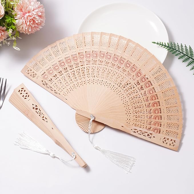 50 Sets Wooden Hand Fan Baby Shower Party Favors with Organza Bags and Tassels Wooden Folding Fan （Sunflower Pattern）