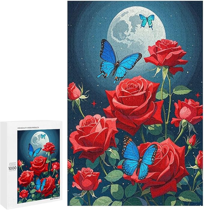 Jigsaw Puzzles for Adults 1000 Piece - Butterfly Red Rose Garden Wooden Puzzles, Unique Gifts for Wall Art，Family Puzzles，Educational Games，Challenge Puzzles