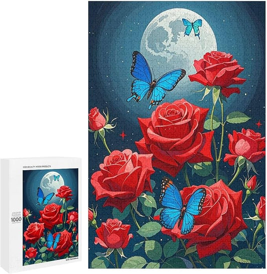 Jigsaw Puzzles for Adults 1000 Piece - Butterfly Red Rose Garden Wooden Puzzles, Unique Gifts for Wall Art，Family Puzzles，Educational Games，Challenge Puzzles