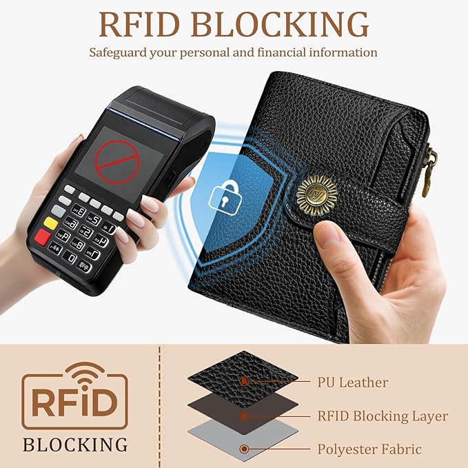 Black Small Wallet Women RFID Blocking Bifold, Credit Card Holder, Zipper Coin Pocket, PU Leather, Compact, Travel, 4 ID Window, 14 Card Slots, Cash Purse, Ladies Woman Female Girls