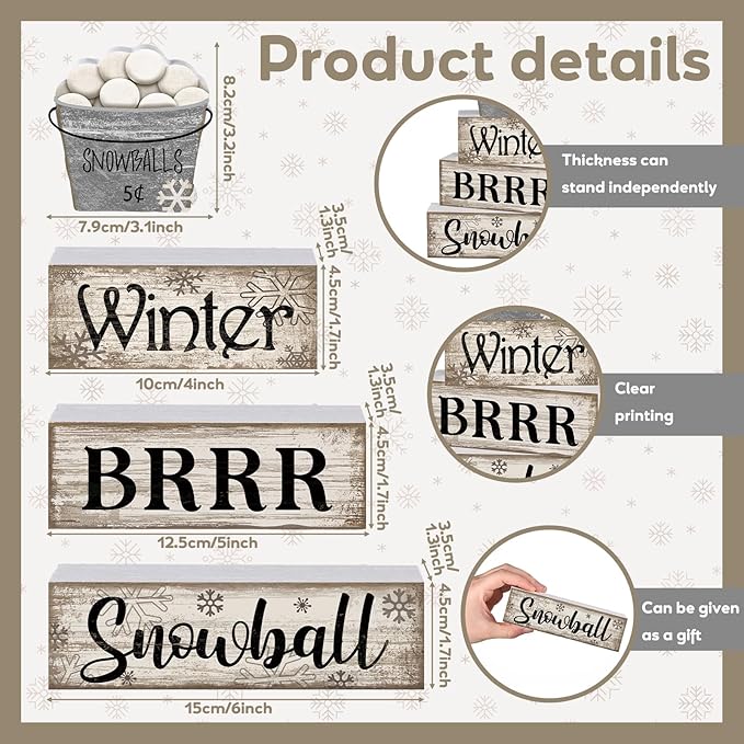4 Pcs Winter Table Decorations Winter Tiered Tray Decor Christmas Table Centerpiece Rustic Decorative Snowball Snow Bucket Block Sign Farmhouse Christmas Decorations for Home Kitchen Shelf