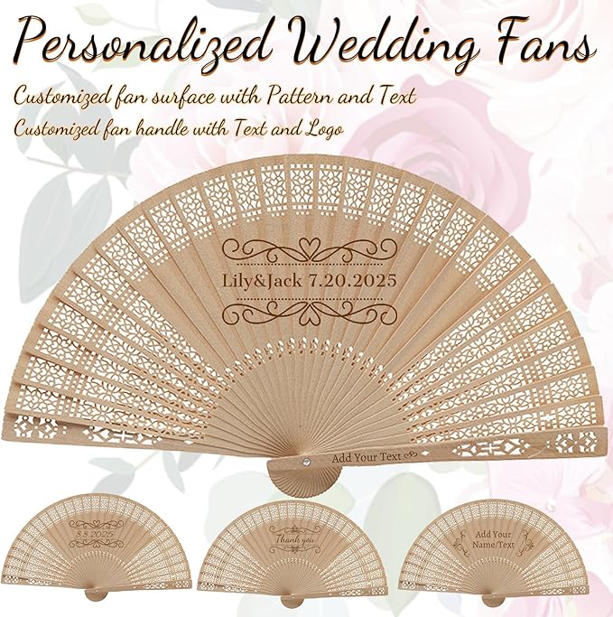 Personalized Wedding Fans for Guests Custom Wooden Folding Handheld Fans Bulk with Organza Bags Tassels for Wedding Graduation Party (100)