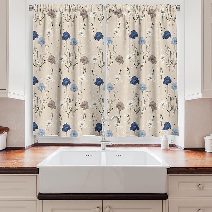 Ambesonne Floral Long Kitchen Curtains, Vintage Cottagecore Delicate Flowers with Paint Dots Plain Back Print, 2 Panel Set Drapes with Rod Pocket Room Decor, 55" x 45", Beige Night Blue Dark Tan