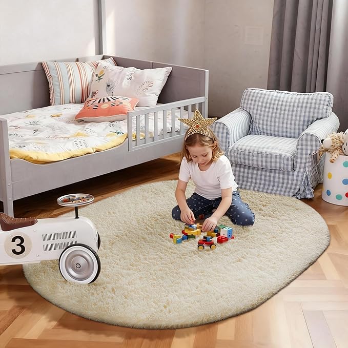 Ophanie 3x5 Oval Rug, Bedside Preppy Dorm Area Rug, College Essentials Non Slip Ivory Small Carpets for Bedroom, Anti Slip Fluffy Living Room Rugs Home Decor Aesthetic, Nursery
