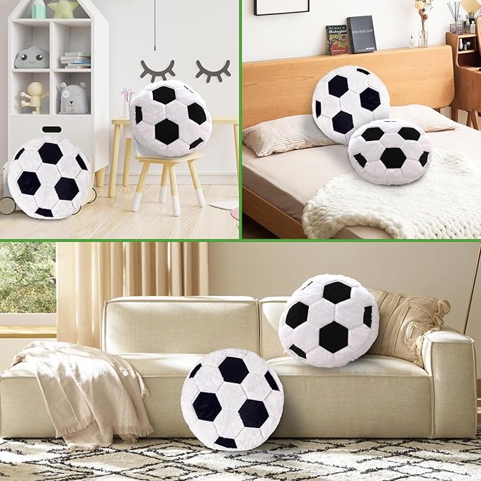 2 Pcs Soccer Pillow, Soft Fluffy Round Cushion Soccer Shaped Throw Pillows, Sports Theme Plush Pillow, Ideal Couch, Bedroom & Soccer Room Decor (15.8 Inch)