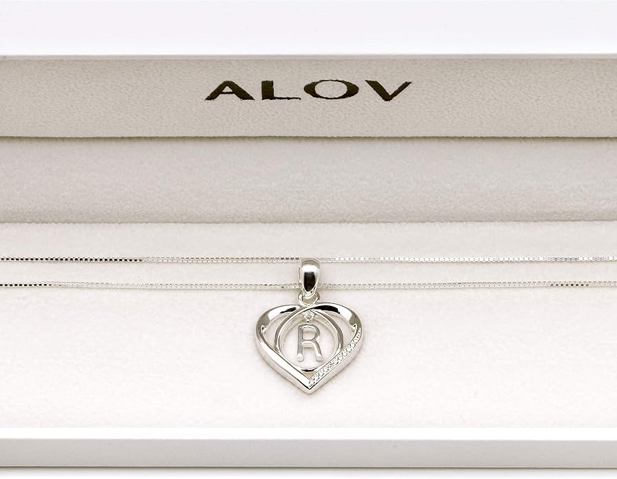 ALOV Jewelry Sterling Silver Initial Letter Alphabet Love Heart Cubic Zirconia Pendant Necklace