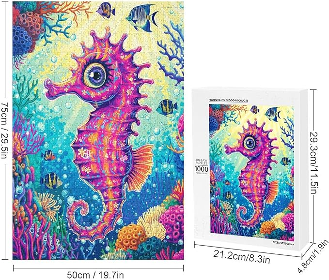 Colored Seahorse Wooden Puzzle 1000 Pieces Jigsaw Puzzles for Adults Puzzle Educational Toys Challenging Fun Games Gifts for Elders Kids Family and Friends