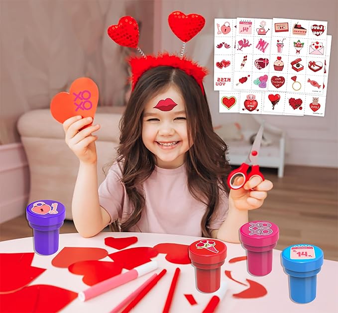 96PCS Valentine Party Favors - 72PCS Pre-Cut Temporary Tattoos & 24PCS Stamps - Ideal Love Heart Themed Birthday Card Decorations Supplies Goodie Bag Baby Shower Kids Gifts Exchange