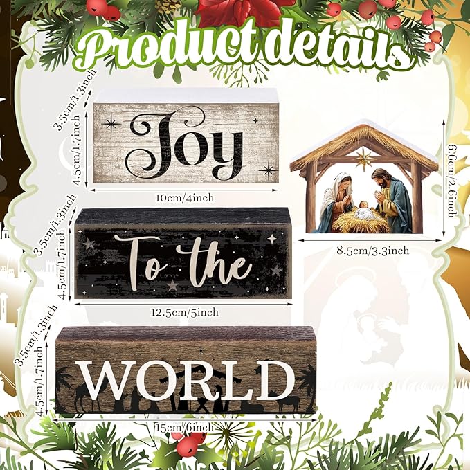 4 Pcs Christmas Table Decor Wooden Christian Religious Decoration Nativity Scene Centerpiece Joy to the World Tiered Tray Decor Farmhouse Xmas Decoration for Kitchen