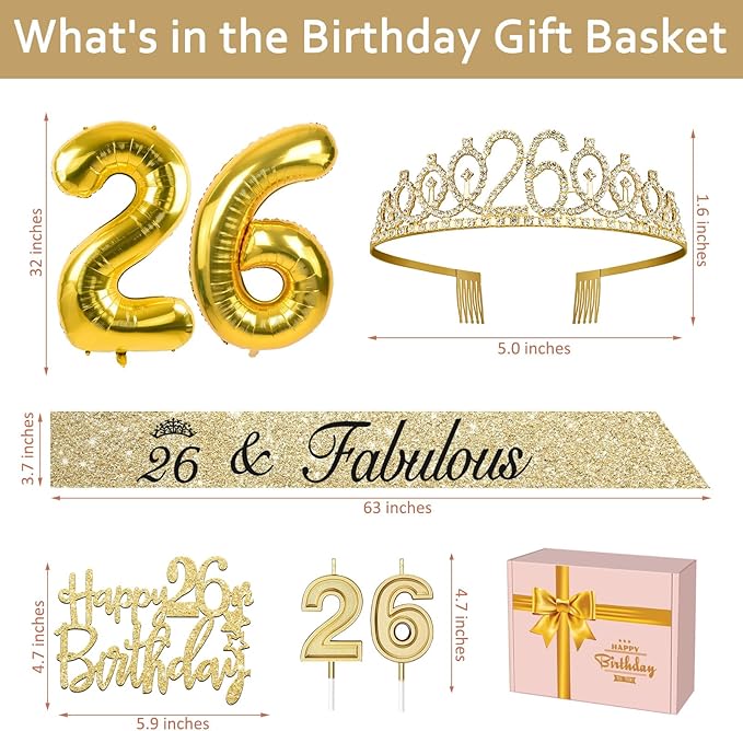 26th Birthday Decorations for Women Gold Set with 26th Birthday Tiara and Sash, Cake Topper and Candles, Number Balloons, 26 Year Old Gifts for Women