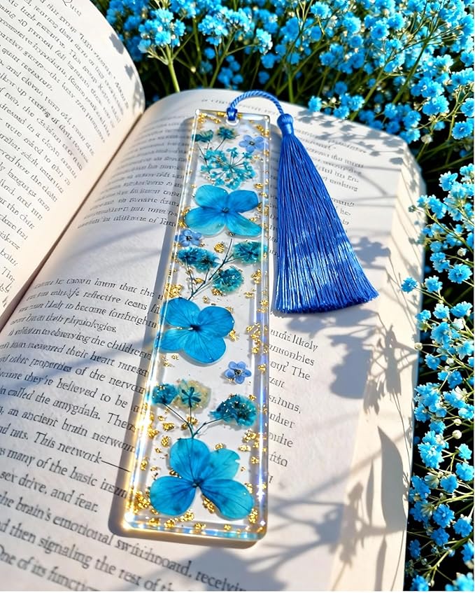 Buleens 2PCS Bookmarks for Women - Blue Book Marks for Readers Book Lovers, Personalized Handmade Dried Flower Resin Bookmark with Tassels, Pretty and Aesthetic