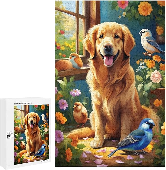 Wooden Puzzle - Garden Golden Retriever Jigsaw Puzzles，Wooden Puzzles for Adults 1000 Pieces Challenge Puzzles，Educational Games，Family Puzzles，Unique Gifts for Wall Art