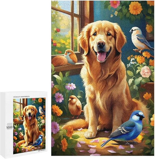Wooden Puzzle - Garden Golden Retriever Jigsaw Puzzles，Wooden Puzzles for Adults 1000 Pieces Challenge Puzzles，Educational Games，Family Puzzles，Unique Gifts for Wall Art