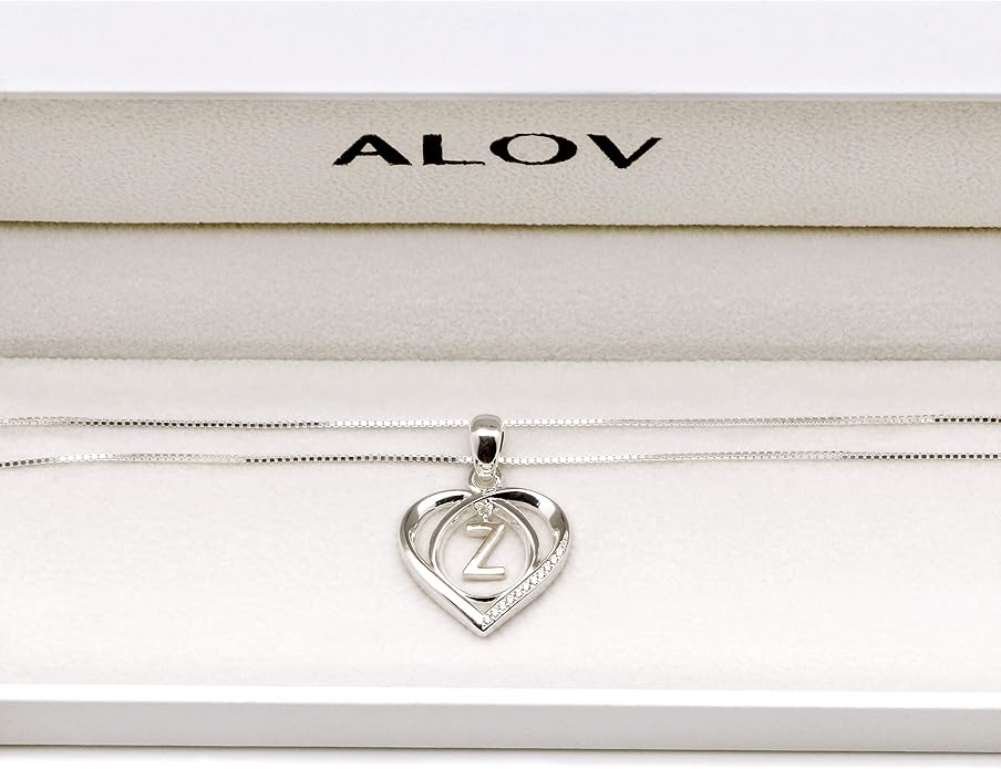 ALOV Jewelry Sterling Silver Initial Letter Alphabet Love Heart Cubic Zirconia Pendant Necklace