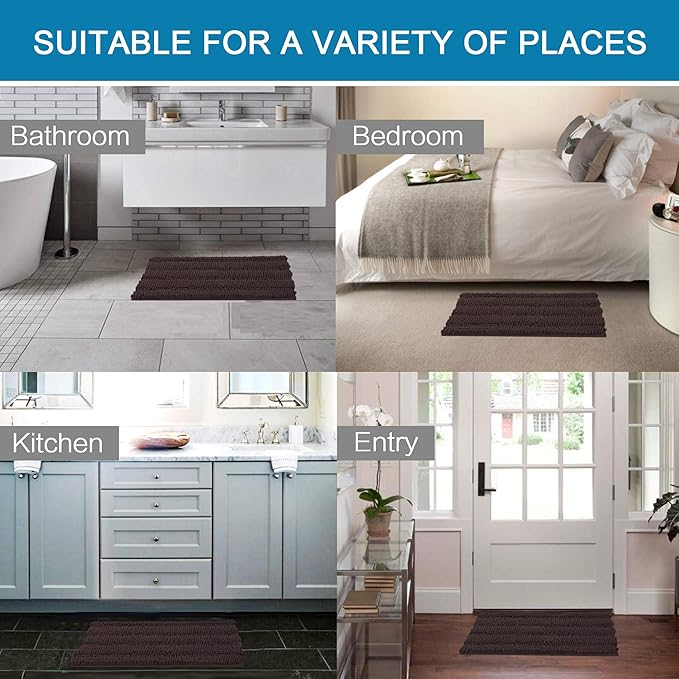 H.VERSAILTEX Bath Rugs for Bathroom Non Slip Bath Mats Extra Thick Chenille Striped Rug 20" x 32" Absorbent Non Skid Fluffy Soft Shaggy Washable Plush Mat for Indoor, Bath Room, Tub - Chocolate