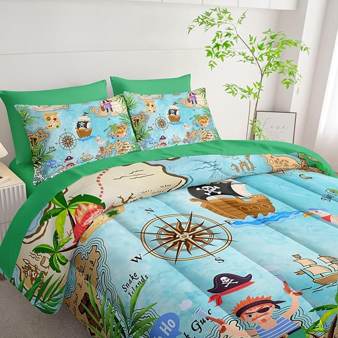 7Pcs Comforter Set Pirate Ship Printed Bedding Set with 1 Comforter, 1 Flat Sheet, 1 Fitted Sheet and 4 Pillowcases for Boys and Girls Bedroom All Season(Pirate Ship Twin)