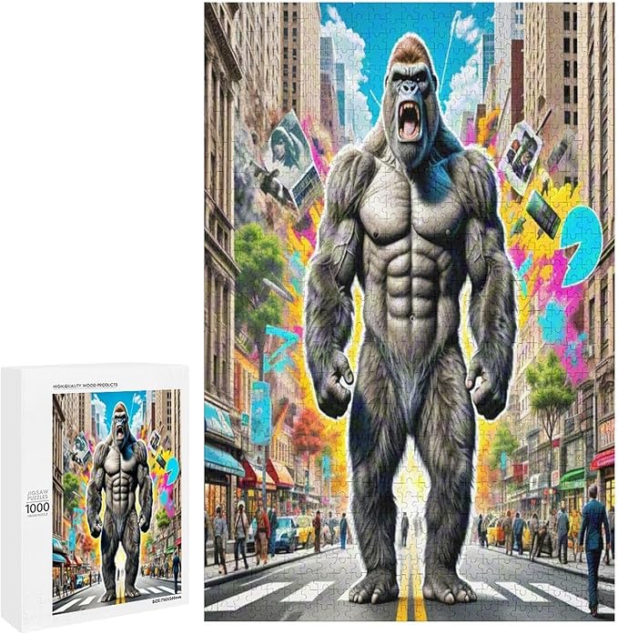 Funny Wooden Puzzle - Gorilla Attacks City Puzzle for Adult 1000 Piece，Wooden Jigsaw Puzzles Art Leisure Game Fun Suitable Family Friends Educational Learning Games Gift