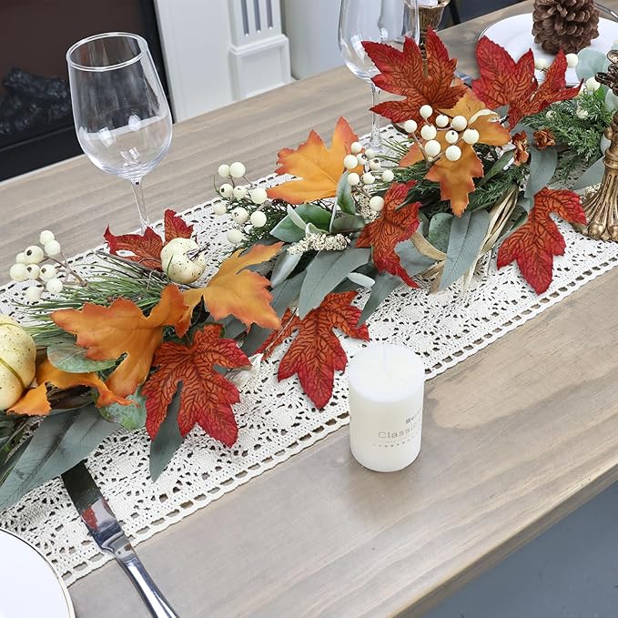 Realistic Fall Garland for Mantle 6 Ft Fall Maple Leaves Garlands with Lights/Timer Pumpkin Garland for Thanksgiving Outdoor Indoor Table Fireplace Autumn Decor Fall Decorations for Home Porch